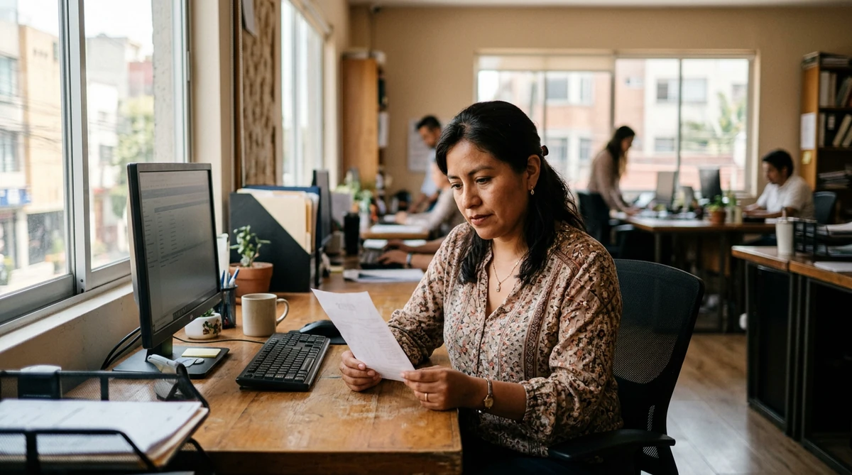 Trabajadora revisando su recibo de nómina en una oficina en México