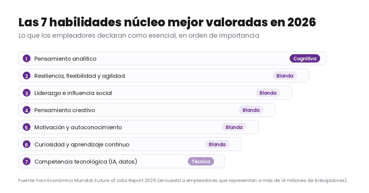 Las 7 habilidades núcleo mejor valoradas por los empleadores en 2026, numeradas de mayor a menor importancia y con su tipo: cognitiva, blanda o técnica