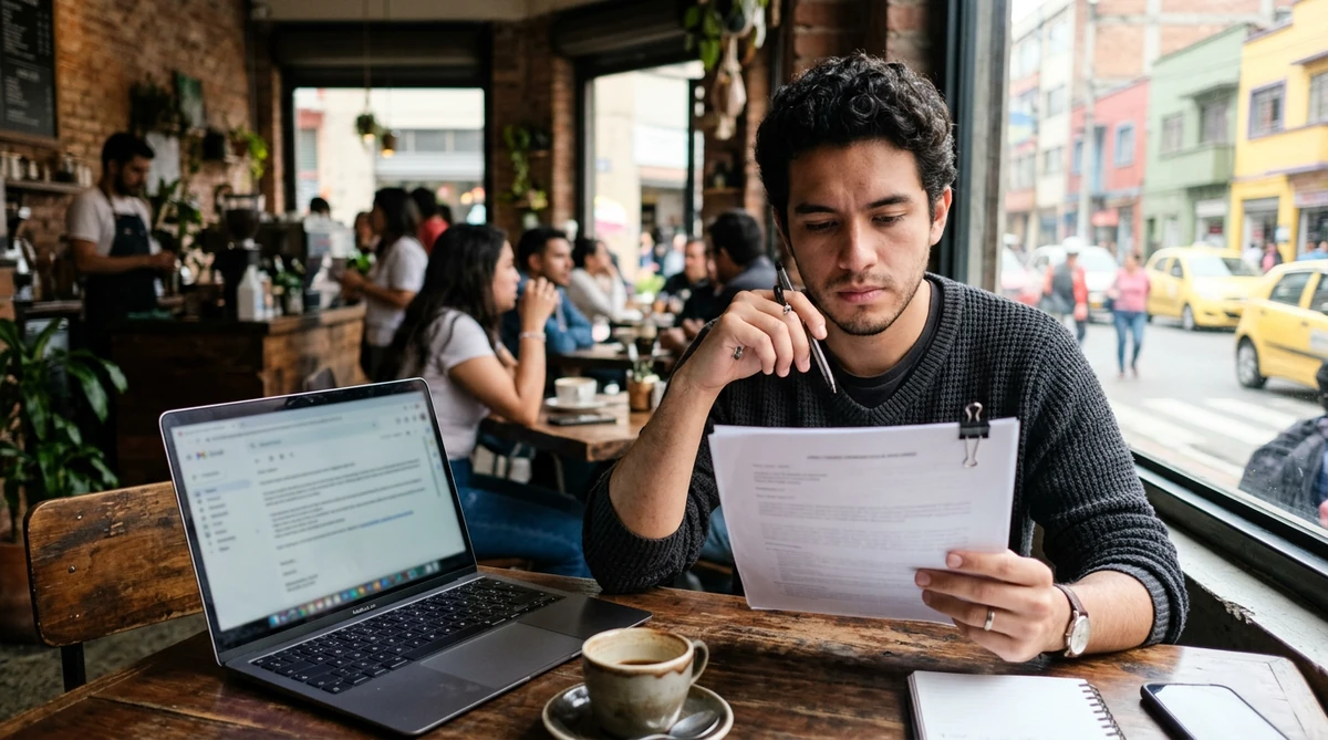 Persona leyendo con atención una oferta de trabajo impresa junto a su laptop