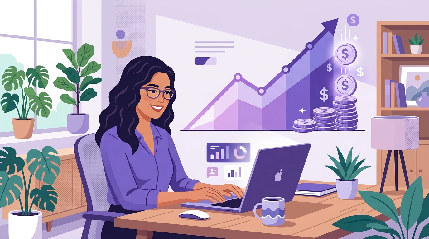 Profesional de LATAM trabajando de forma remota en su laptop junto a un gráfico de crecimiento de salarios en dólares