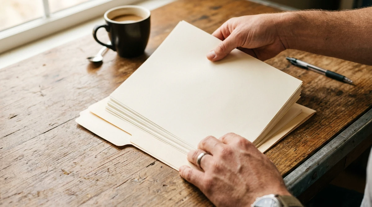 Manos ordenando documentos dentro de una carpeta sobre un escritorio de madera