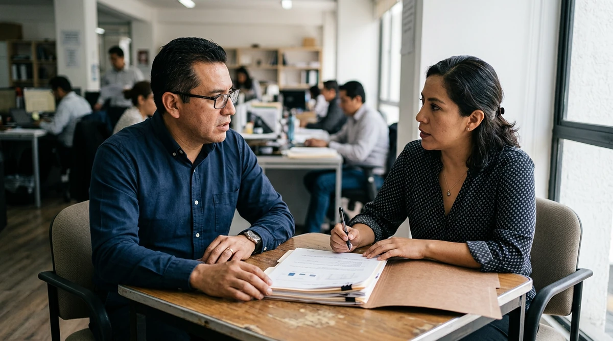 Dos personas conversando con documentos sobre la mesa en una oficina