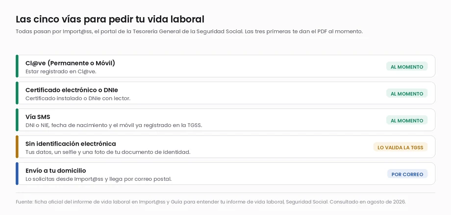 Las cinco vías para pedir la vida laboral en Import@ss: Cl@ve, certificado electrónico o DNIe y vía SMS dan el PDF al momento; sin identificación electrónica lo valida la TGSS y el envío a domicilio llega por correo postal