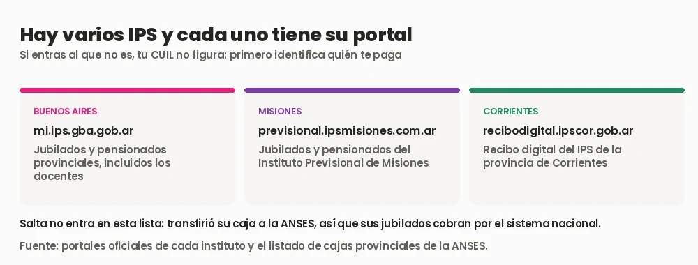Comparación de los portales de recibos de haberes de los distintos IPS de Argentina: Buenos Aires, Misiones y Corrientes, con la dirección web de cada uno