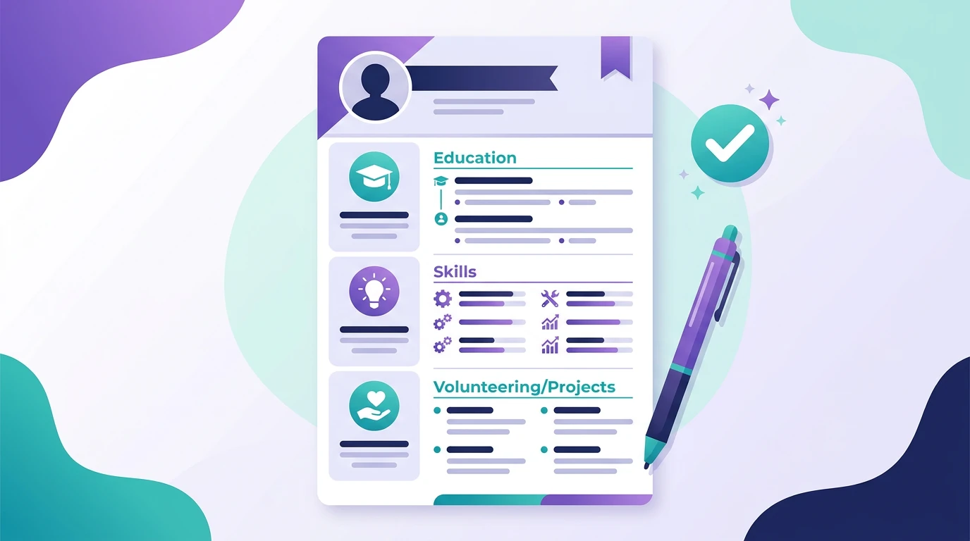 Ejemplo de estructura de un CV sin experiencia laboral con secciones de formación, habilidades y voluntariado